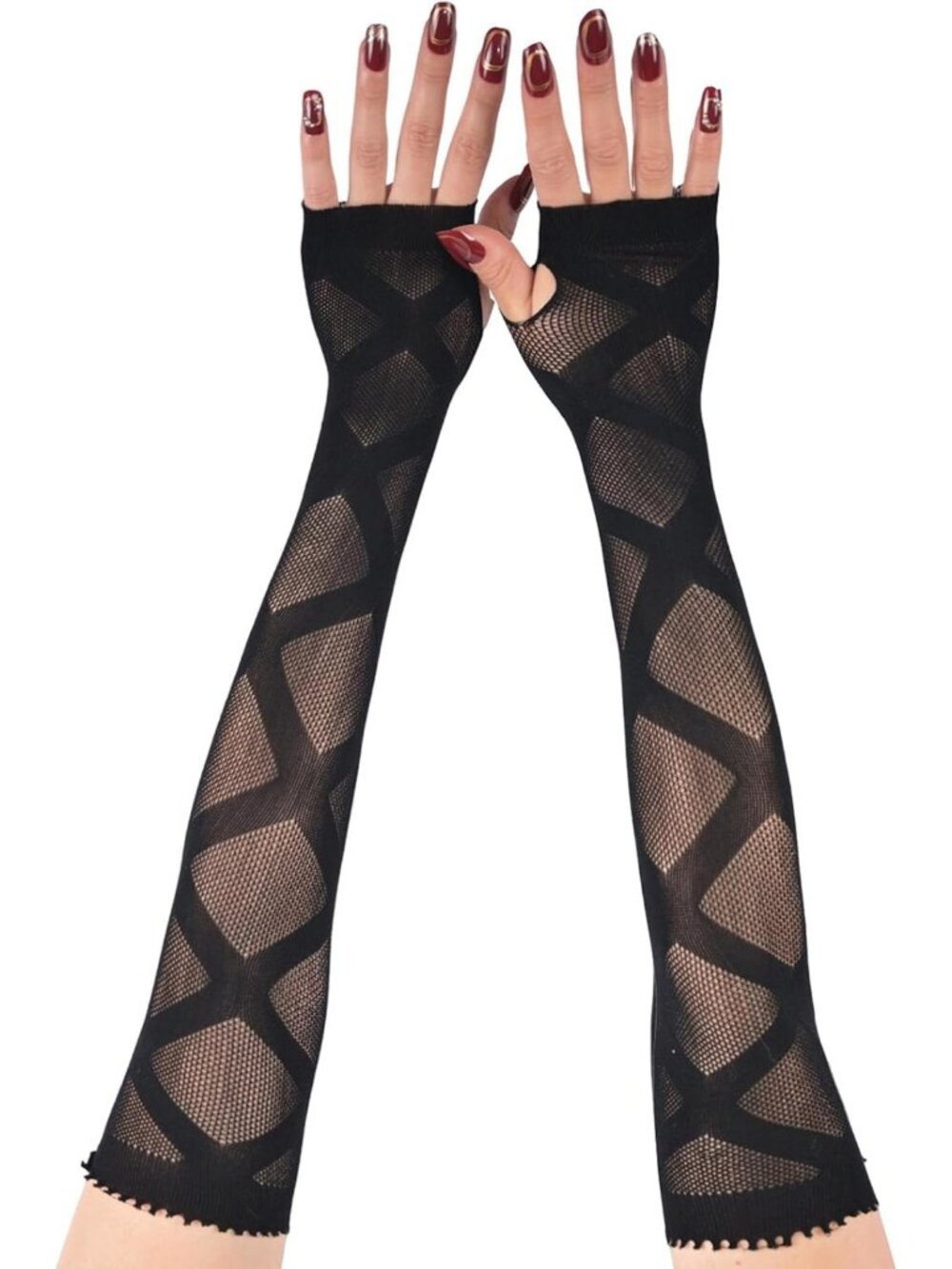Women's Black Geometric Lattice Fishnet Long Fingerless Gothic Gloves
